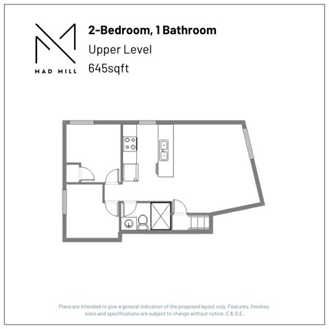 Floor plan for 2 beds, 1 bath, 645 sqft
